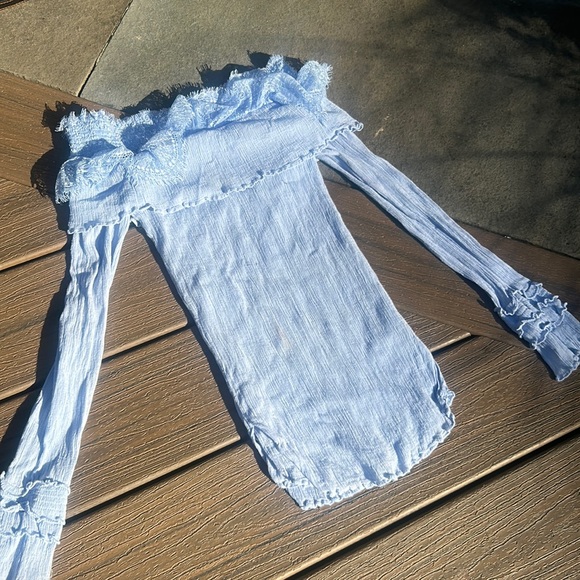 Kobi Halperin Off the Shoulder Lace Baby Blue Blouse - Picture 1 of 5